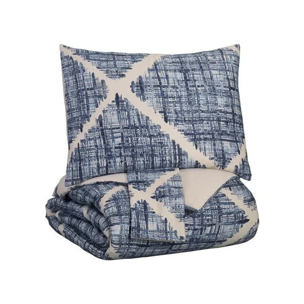 Benzara Diamond Pattern 3 Piece Fabric King Comforter Set, Blue and Cream