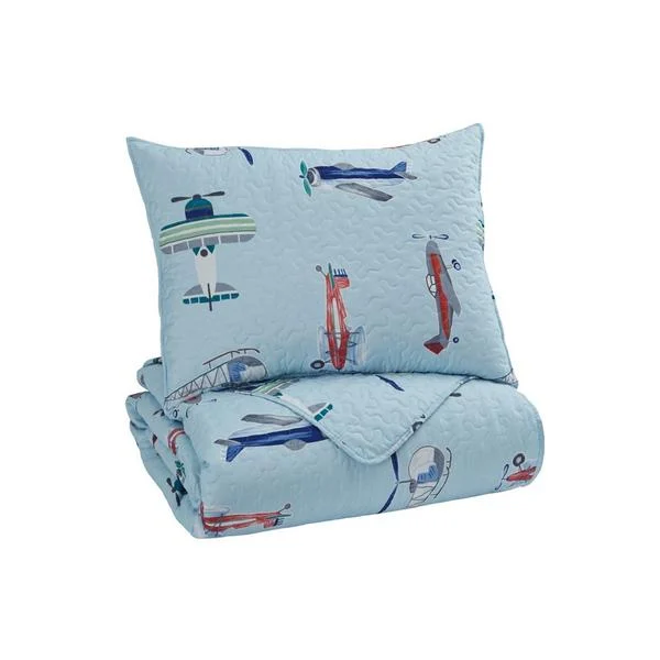 Benzara Aircraft Print Fabric Upholstered 2 Piece Twin Quilt Set, Multicolor
