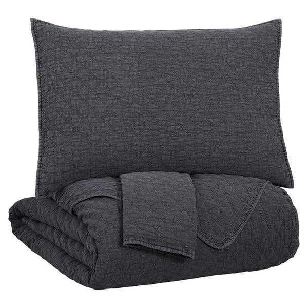 Benzara 3 Piece Quilted Texture King Coverlet Set, Charcoal