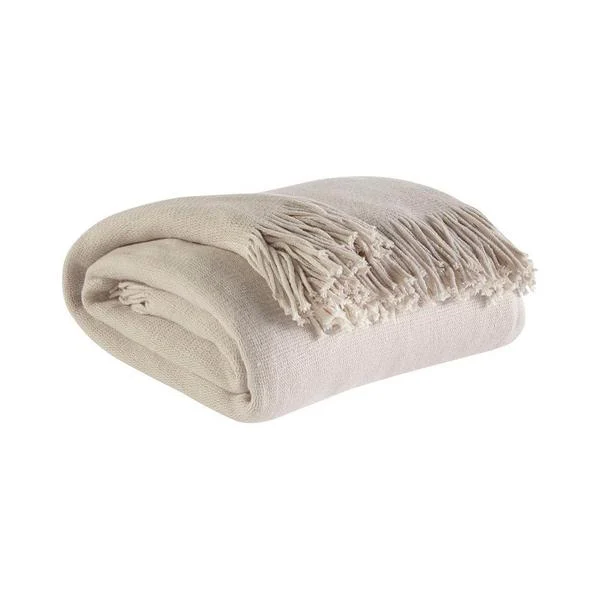 Benzara Fabric Throw Blanket with Interwoven Design and Fringes, Set of 3, Cream