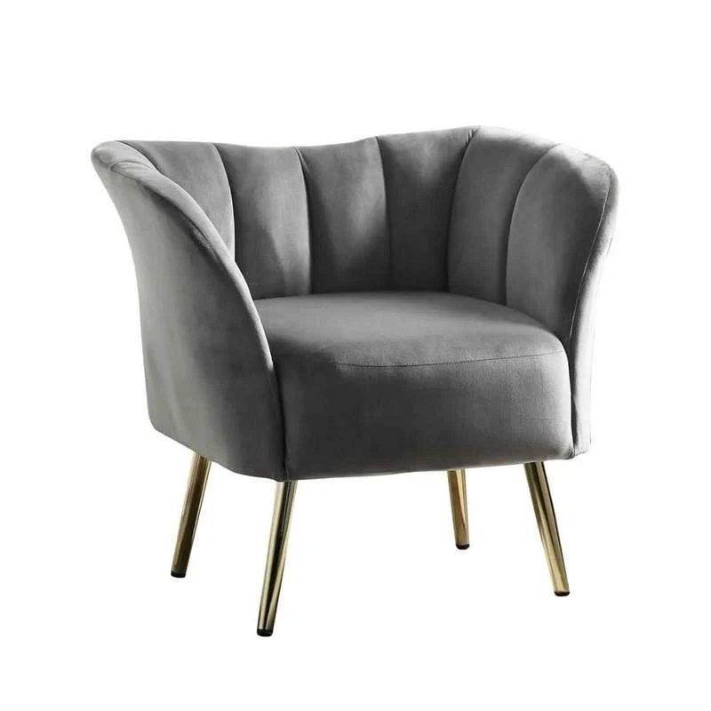 Benzara Channel Tufted Flared Back Accent Chair with Slanted Legs, Gray and Gold