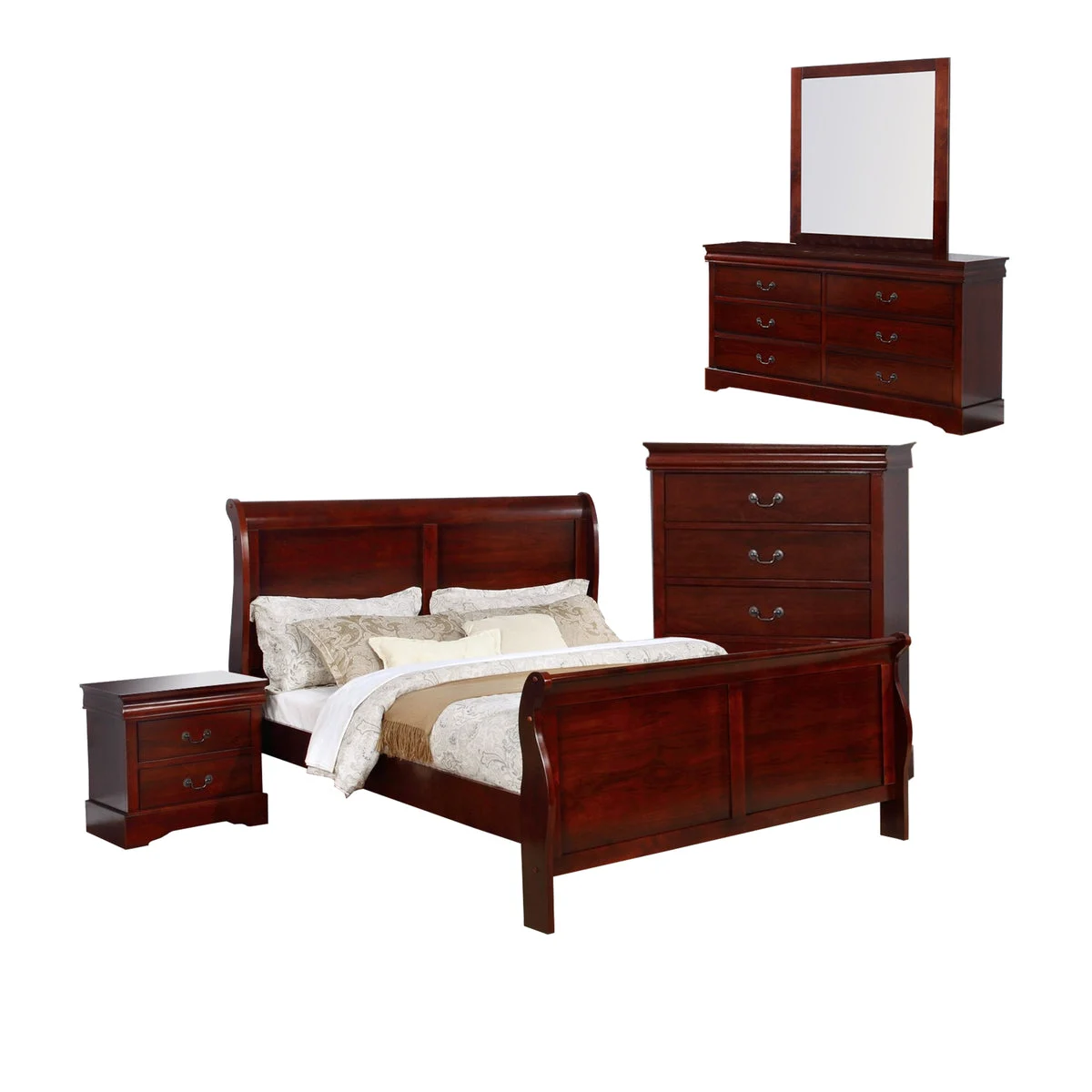 Benzara Full Size Sleigh Wooden 5 Piece Bedroom Set, Cherry