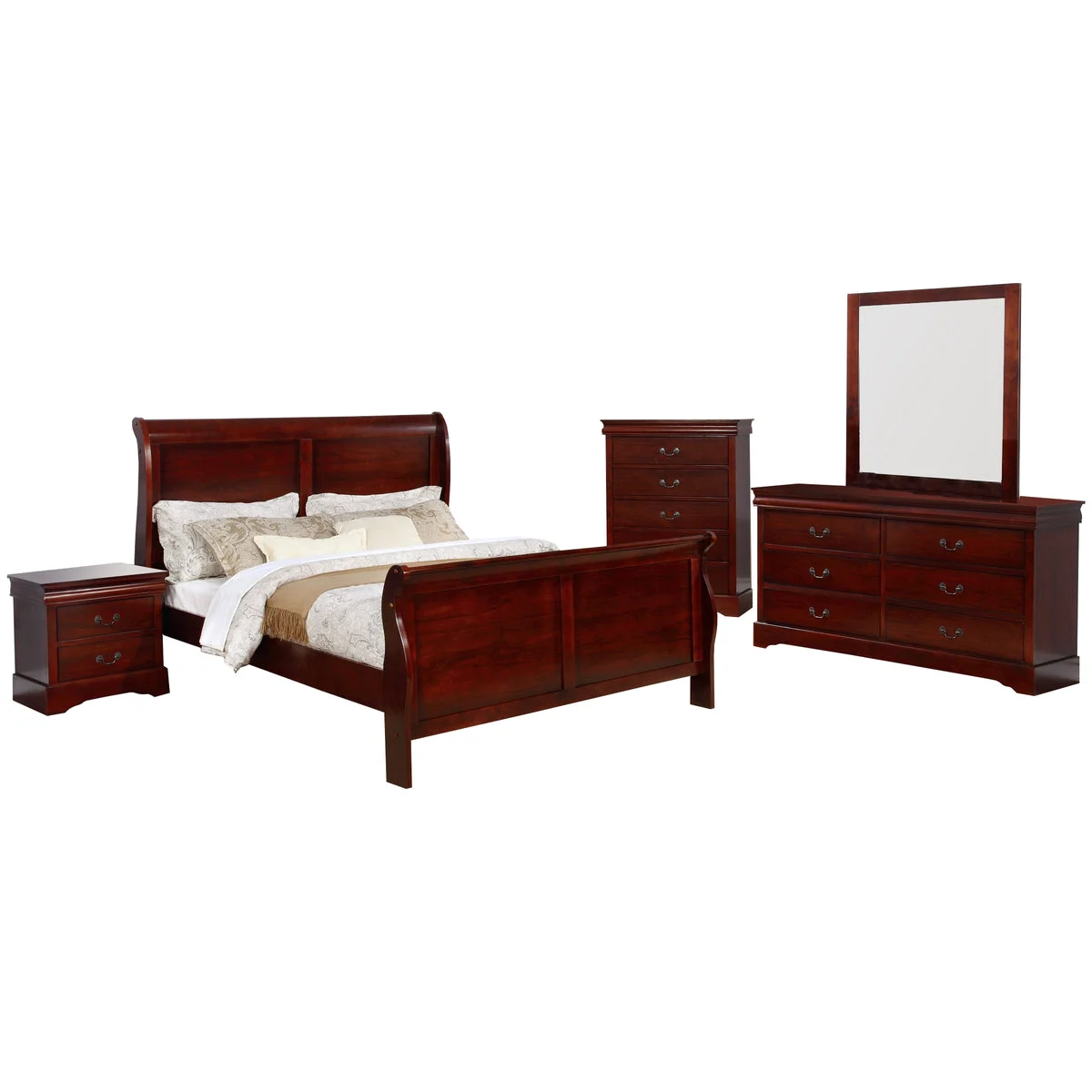 Benzara Queen Size Sleigh Wooden 5 Piece Bedroom Set, Cherry