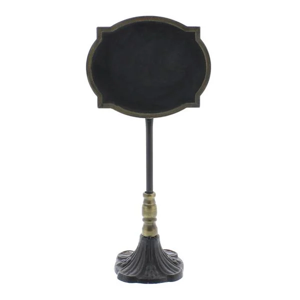Benzara Oval Carved Metal Chalkboard Stand, Black and Brass