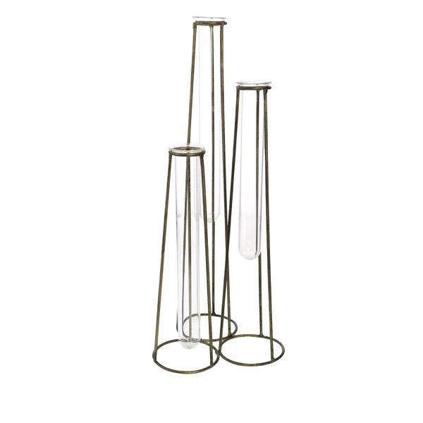 Benzara Metal Frame Cluster Vase with 3 Suspended Glass, Brass and Clear