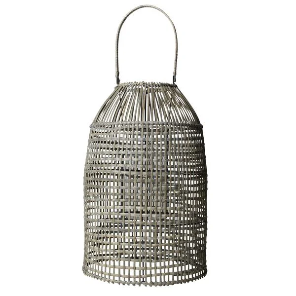 Benzara Woven Rattan Frame Lantern with Glass Hurricane, Natural Brown
