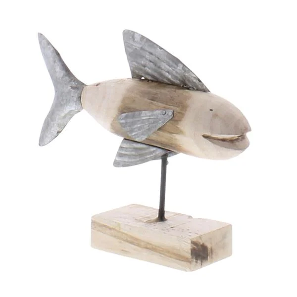 Benzara Wood and Metal Fish Figurine, Small, Brown and Gray