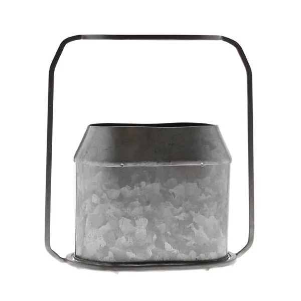 Benzara Oval Top Metal Frame Vase with Handle, Small, Galvanized Gray
