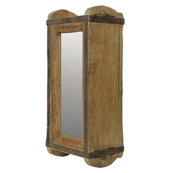 Benzara Wooden Brick Mold with Mirror Insert, Brown and Silver