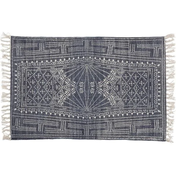 Benzara 2 x 3 Feet Cotton Rug with Batik Print and Fringes, Blue and White