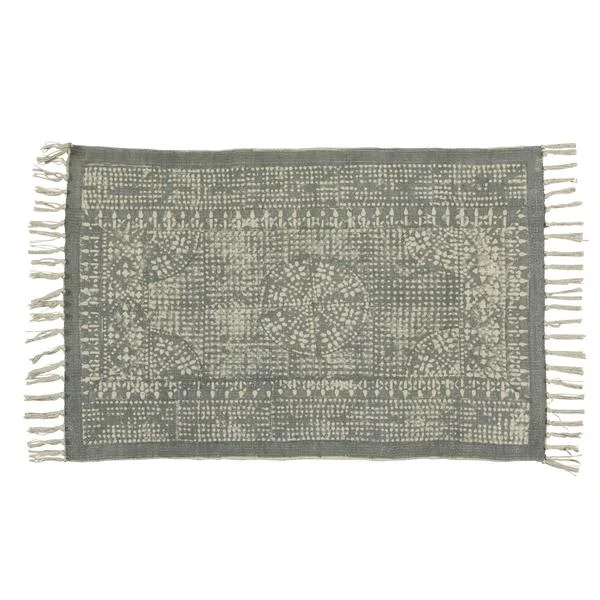 Benzara 2 x 3 Feet Cotton Rug with Block Print and Fringes, Gray and White