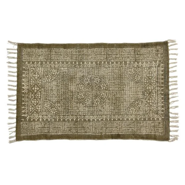 Benzara 2 x 3 Feet Cotton Rug with Block Print and Fringes, Brown and White