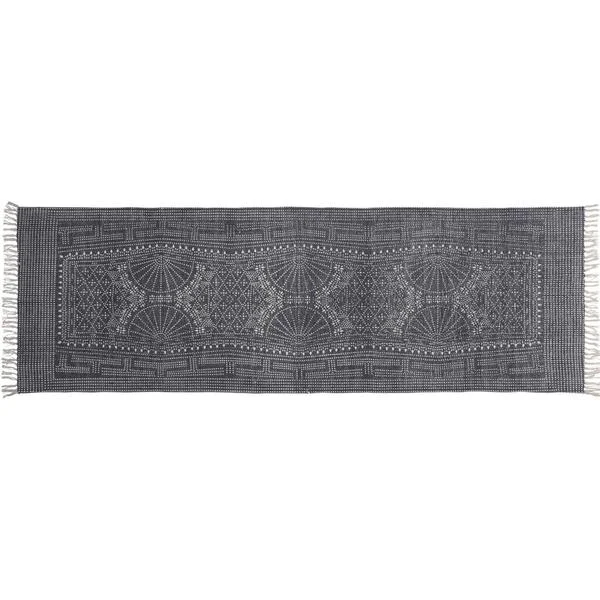 Benzara 2.5 x 8 Feet Cotton Rug with Batik Print and Fringes, Blue and White