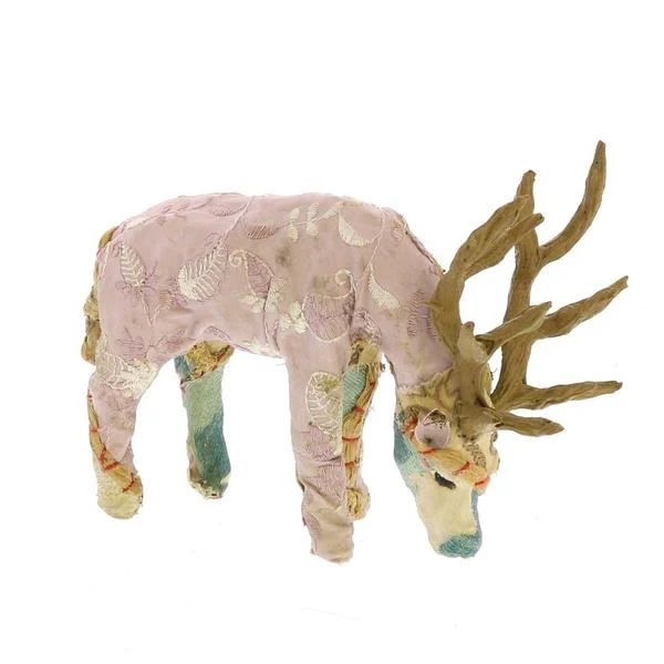 Benzara 8 Inches Fabric Wrapped Grazing Stag Figurine, Multicolor