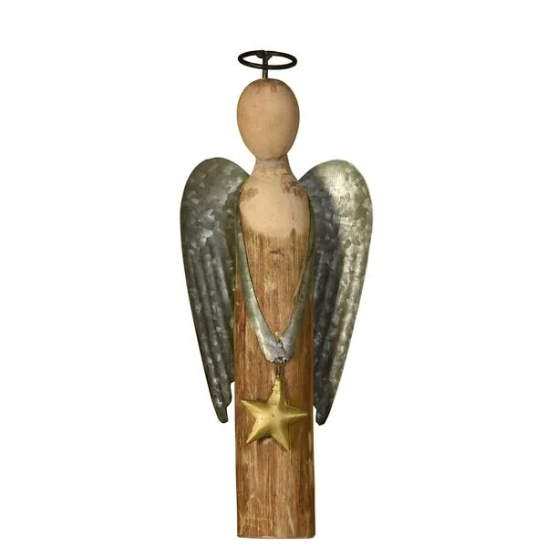 Benzara Galvanized Wings Wooden Angel Accentdecor with Star, Small, Brown
