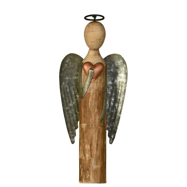 Benzara Galvanized Wings Wooden Angel Accentdecor with Heart, Small, Brown