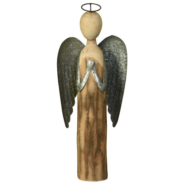 Benzara Galvanized Wings Wooden Angel Accentdecor with Ring Top, Large, Brown
