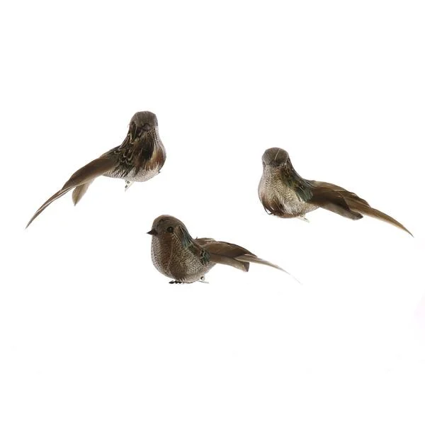 Benzara Feather Sitting Bird Accent decor with Clips, Set of 3, Light Brown