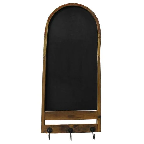Benzara Wooden Arched Wall Blackboard with 3 Hooks, Brown and Black