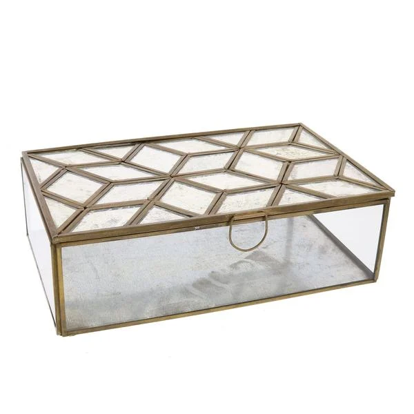 Benzara Glass Jewelry Box with Mirror Top, Brass and Clear