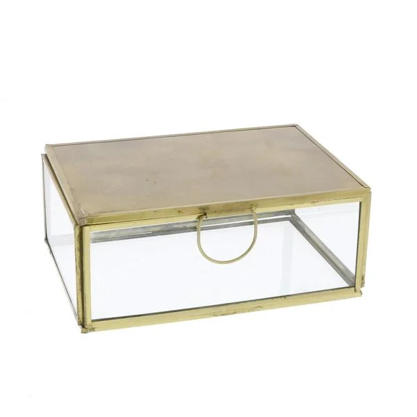 Benzara Glass and Metal Jewelry Box, Small, Brass and Clear