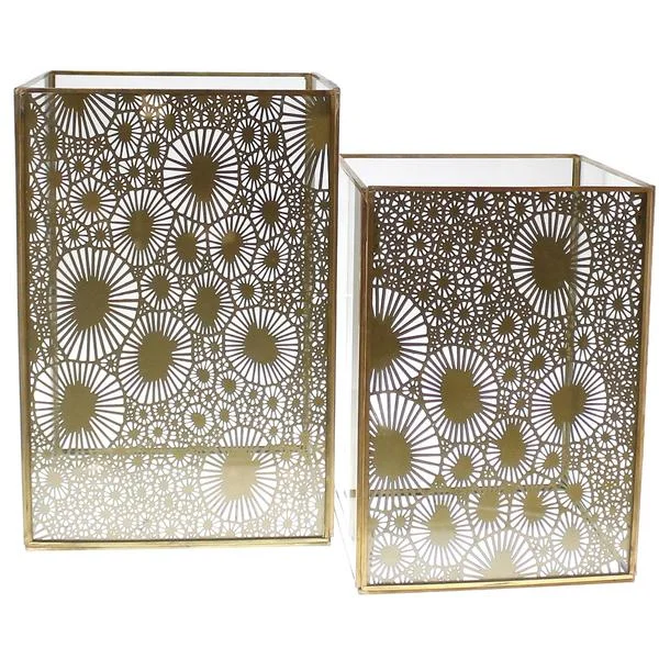 Benzara Urchin Motif Glass Hurricane, Set of 2, Brass and Clear