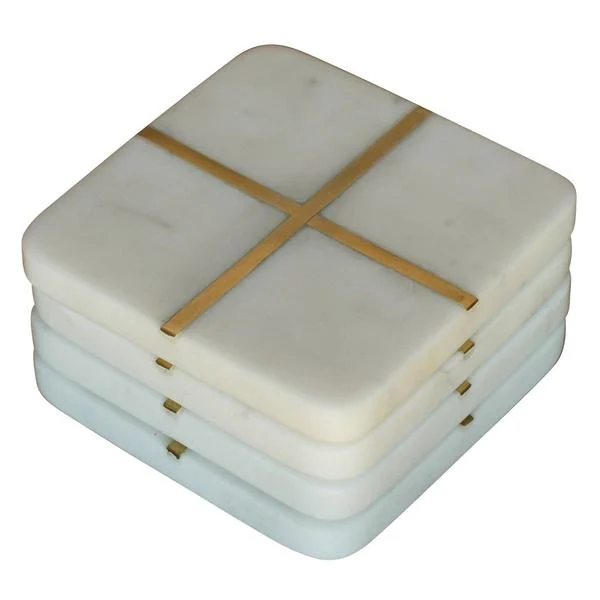 Benzara Metal Inlay Square Marble Coaster, Set of 4, White