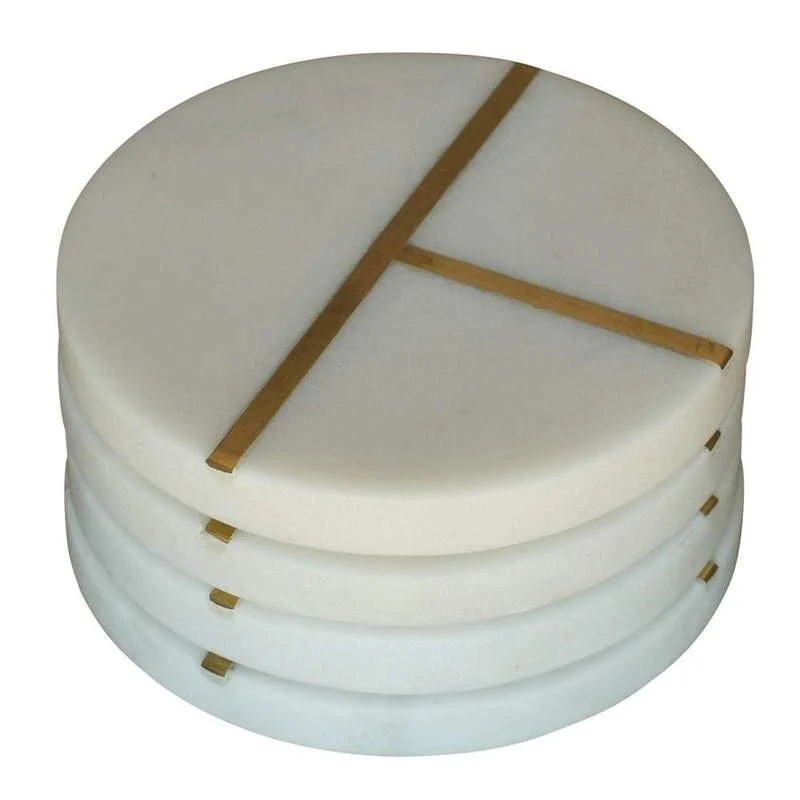 Benzara Metal Inlay Round Marble Coaster, Set of 4, White