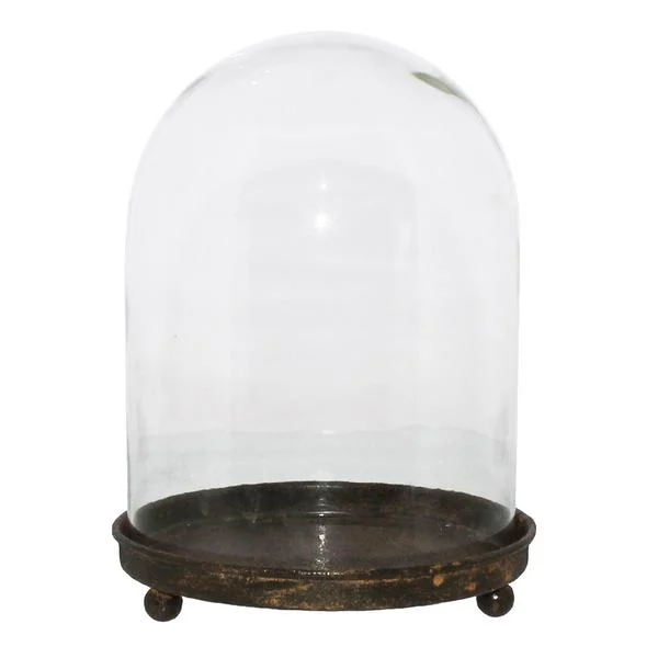 Benzara Metal Base Vitrine with Dome Shaped Glass Shade, Clear