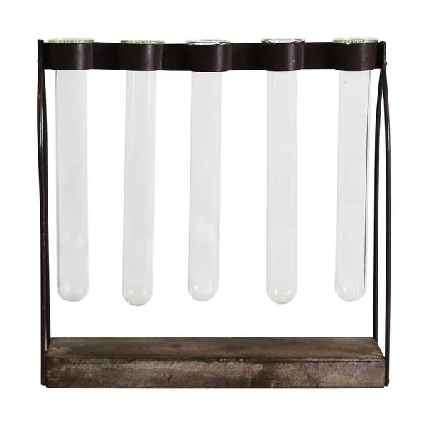 Benzara 5 Metal Frame Support Glass Tube Vase, Bronze and Clear