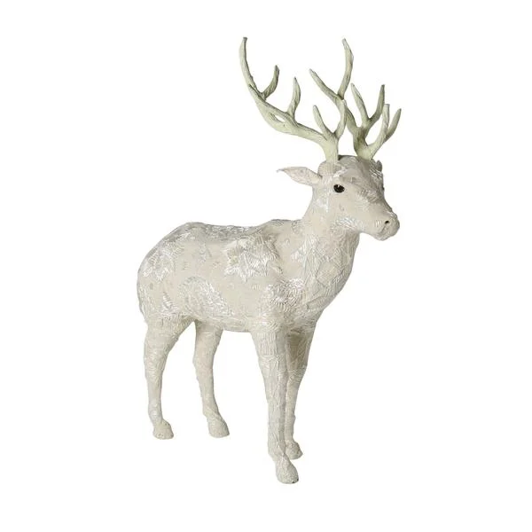 Benzara Fabric Standing Stag Accentdecor with Embroidered Pattern, Large, White