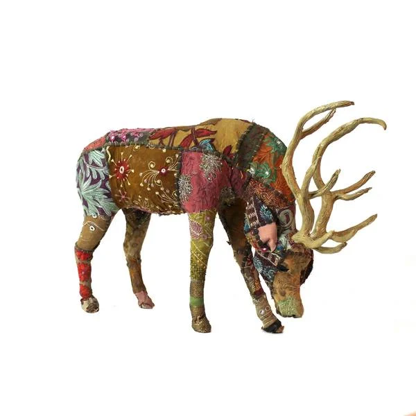 Benzara Fabric Grazing Stag Design Accentdecor with Kantha Stitching, Dark Brown