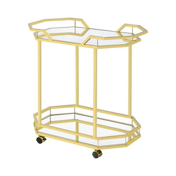 Benzara 2 Tier Geometric Metal Serving Cart with Mirror Shelves, Gold