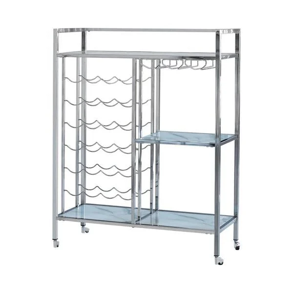 Benzara Metal Serving Cart with Wine and Stemware Rack, Silver