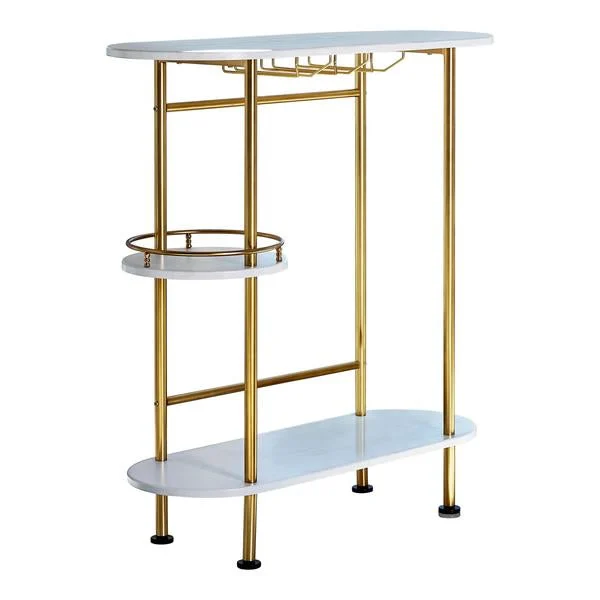 Benzara Oblong Shape Metal Bar Unit with Stemware Rack, White and Gold