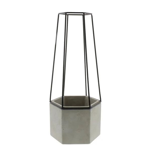 Benzara Hexagonal Cement Planter with Metal Cage, Small, Gray