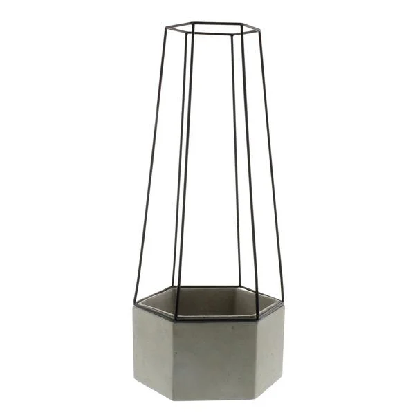 Benzara Hexagonal Cement Planter with Metal Cage, Large, Gray