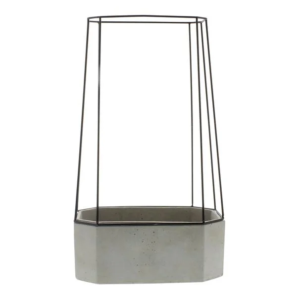 Benzara Hexagonal Cement Planter with Metal Cage, Medium, Gray