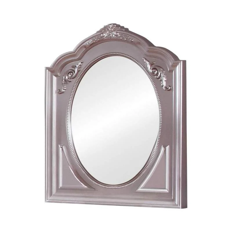 Benzara Molded Wooden Frame Mirror with Crown Top and Carving, Silver