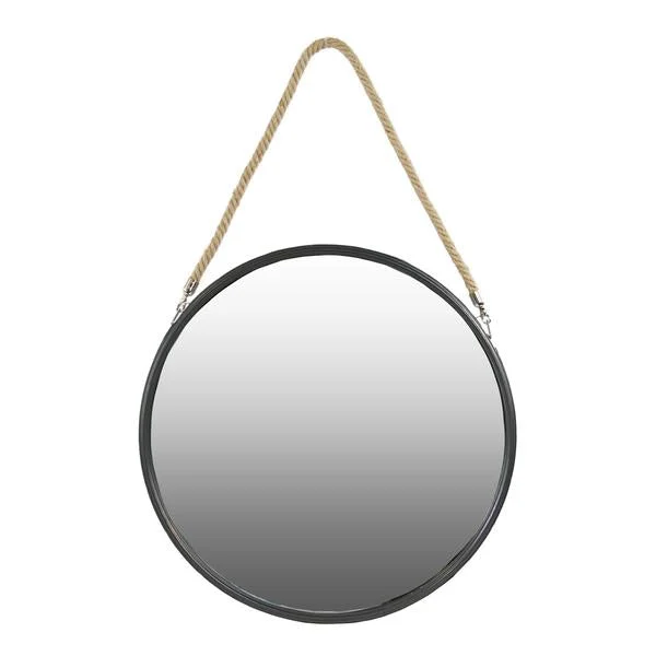 Benzara Round Shaped Metal Mirror with Rope Handle, Small, Black