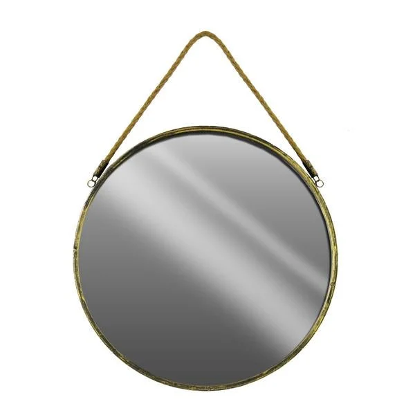 Benzara Round Shaped Metal Mirror with Rope Handle, Large, Brass