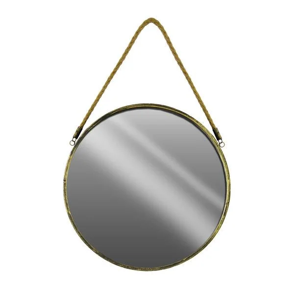 Benzara Round Shaped Metal Mirror with Rope Handle, Small, Brass