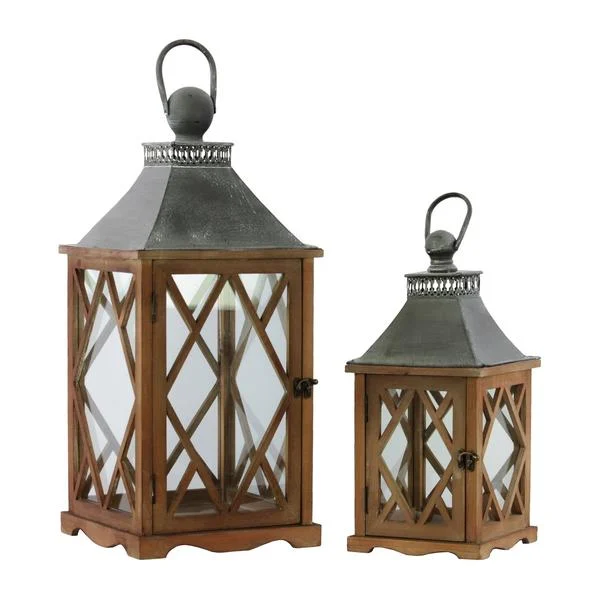 Benzara Temple Design Wooden Lantern with Ring Handle, Set of 2, Brown