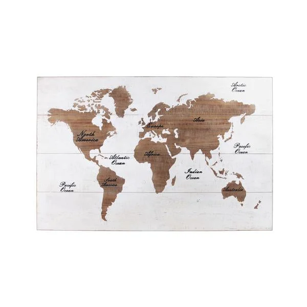 Benzara World Map Printed Rectangular Walldecor, White and Brown