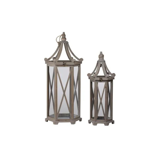 Benzara Hexagonal Lantern with Glass Insert, Set of 2, Brown