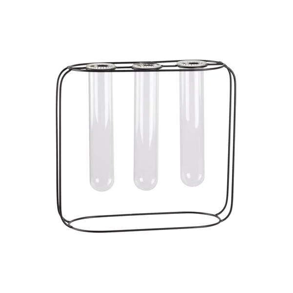 Benzara Metal Bud Vase Holder with 3 Glass Tubes, Black