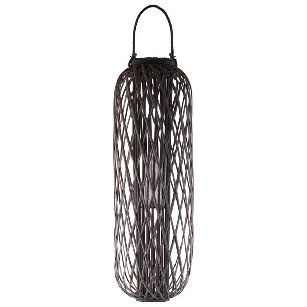 Benzara Lattice Design Bamboo Lantern with Rope Handle and Hurricane, Gray