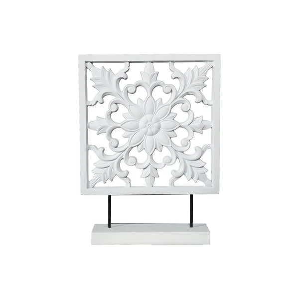 Benzara Wooden Square Shape Accentdecor with Floral Burst Cut Out Design, White