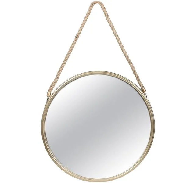 Benzara Round Metal Mirror with Rope Handle, Small, Gold