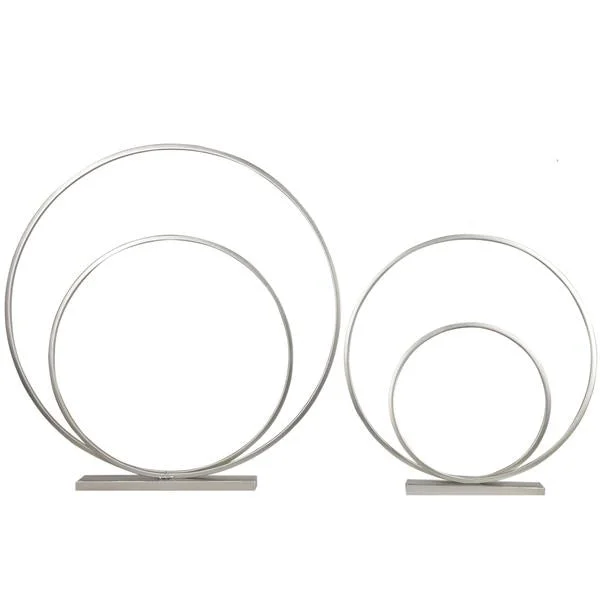 Benzara Metal Concentric Circle Sculpture with Rectangular Base, Set of 2, Silver